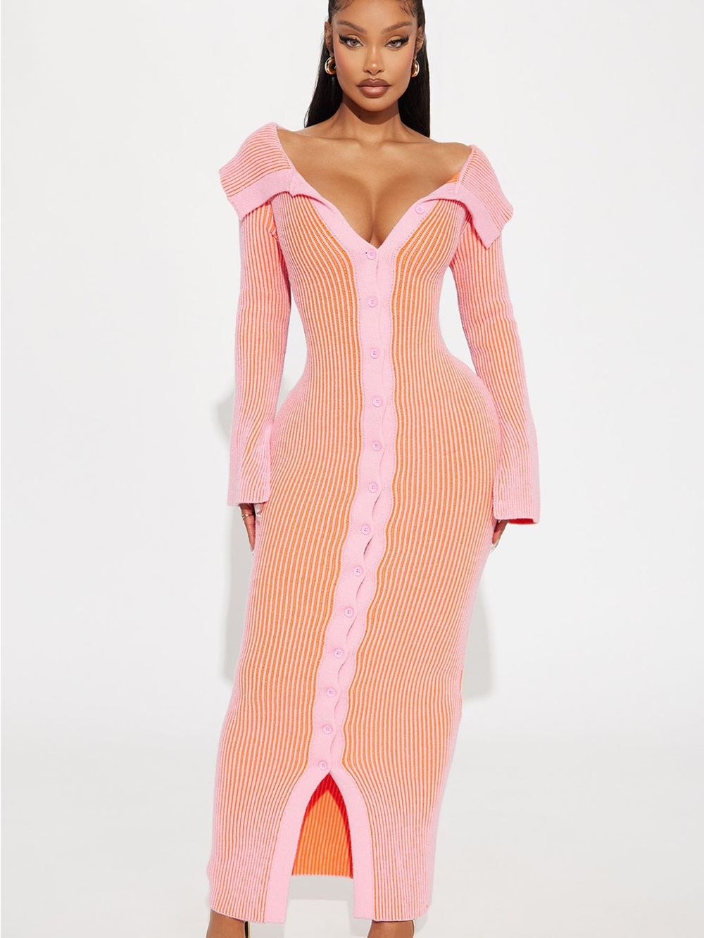 Fashion Nova Two-Tone Pink and Orange Off-Shoulder Button Midi Dress